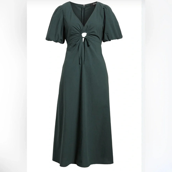 Madewell Cutout Puff Sleeve Poplin Midi Dress - Dark Palm Size 0 - Picture 5 of 5